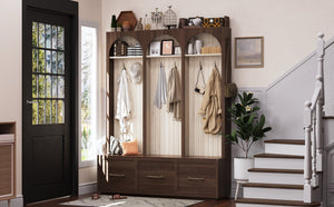 English Elm Farmhouse Hall Tree with Arched Panels Bench Drawers and Hooks for Mudroom Entryway Walnut W5271S00006