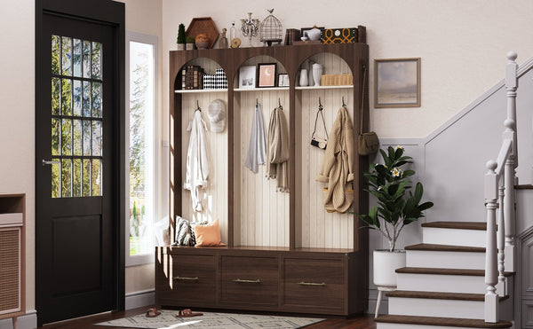 English Elm Farmhouse Hall Tree with Arched Panels Bench Drawers and Hooks for Mudroom Entryway Walnut W5271S00006