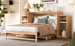 English Elm Full Golden Murphy Bed with Storage Drawers & Shelves, Space-Saving Wall Cabinet for Guests W1580S00254