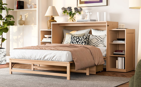 English Elm Full Golden Murphy Bed with Storage Drawers & Shelves, Space-Saving Wall Cabinet for Guests W1580S00254
