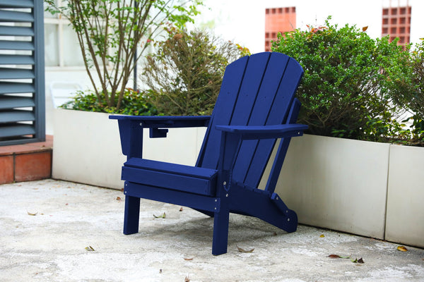 English Elm HDPE Folding Adirondack Chair with Dual Cup Holder, Weatherproof Wood-Texture Comfort & 350lb Capacity Navy Blue W2103P253596