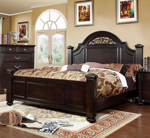 English Elm Queen Panel Bed with Floral Paneled Headboard & Footboard, Dark Walnut Finish, Antique Brass Accents B2741S00045