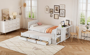 English Elm Twin Multifunctional Wood Platform Bed with Built-In Desk, Trundle & 3 Drawers for Small Spaces White 44.3 L x 23.1 W x 9 H N733S212832K