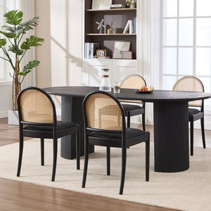 English Elm Rattan Backrest Dining Chairs Set of 2 Teddy Fabric Cushion Solid Wood Legs Kitchen Black W3244P475533