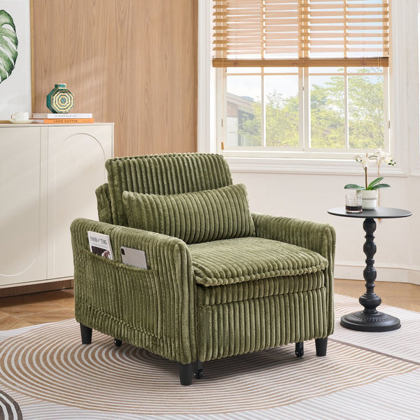 English Elm comfortable Corduroy Green Sofa Bed for Small Apartments Compact 1-Seater with Sponge Cushion, Solid Wood Frame and Black Plastic Legs, Easy Vacuum Care W1658P290461