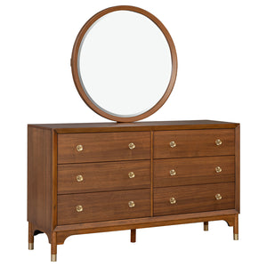 English Elm 1pc Walnut Six Drawer Dresser Gold Capped Legs Mid Century Modern Bedroom Storage B2741P446678