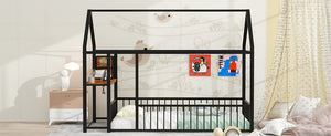 English Elm Twin House Bed Frame with Roof & Fence, Metal Twin Loft with Built-In Desk Shelves USB Outlets Black N737P173490B