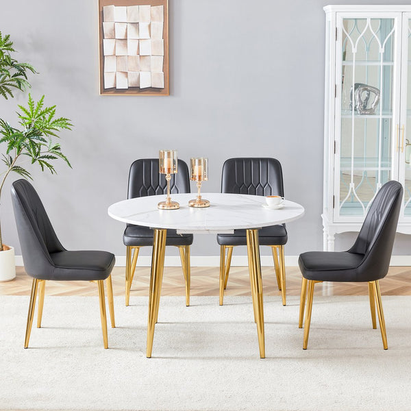 English Elm Table and Chair Set Extendable Round Oval Mdf Top with Gold Legs Four Pu Seats W1151S03952