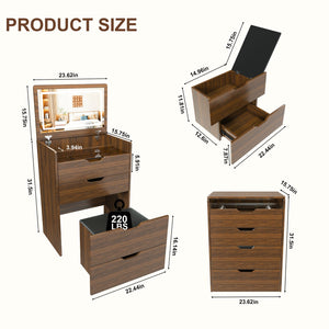 English Elm 3-in-1 Walnut Vanity Desk with Led Lighted Flip Mirror Stool Compact Bedroom Station W2699P404629