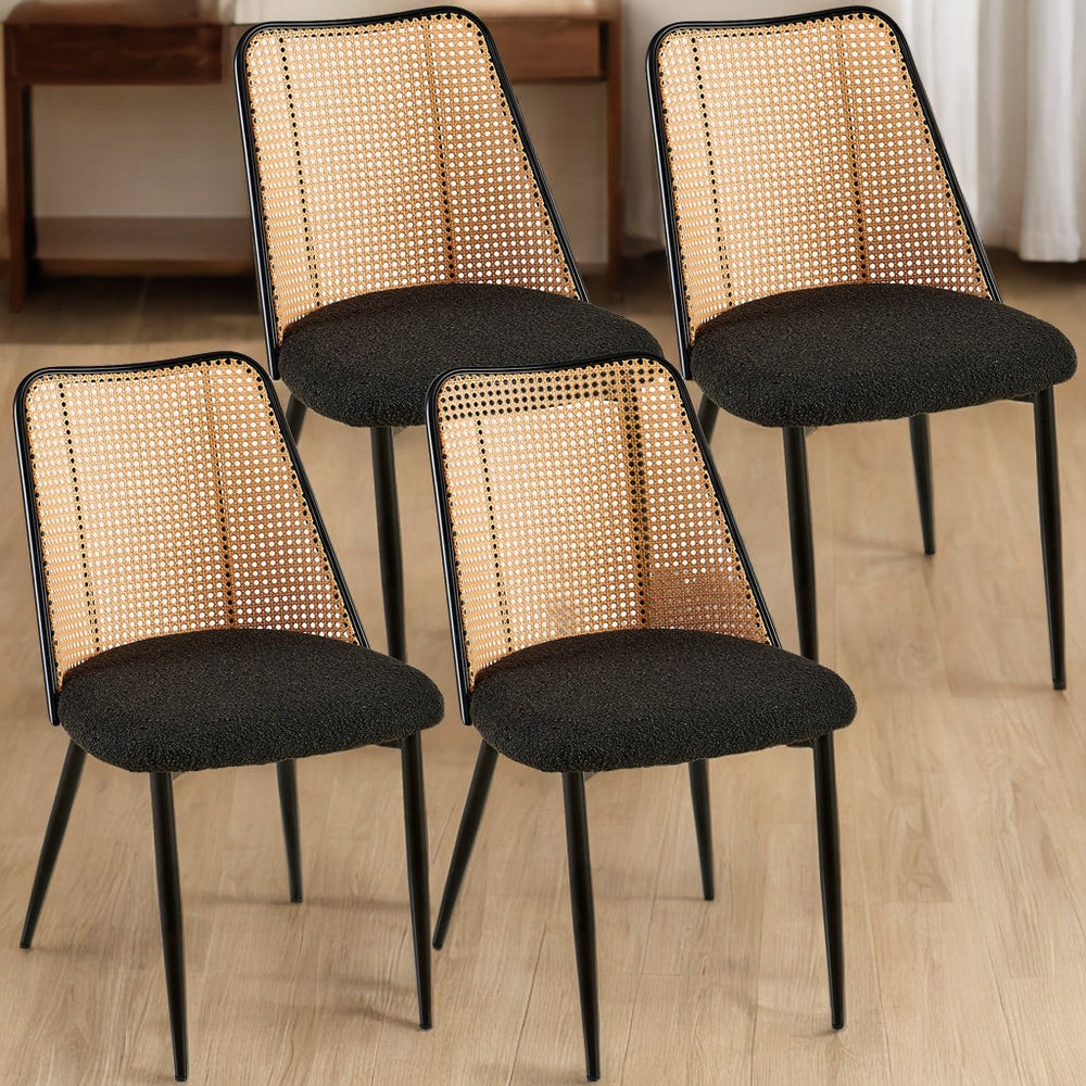 English Elm Black Rattan Dining Chairs Set Of 4 - Chic Boucle Upholstered Seating With Cane Back For Versatile Style W1164P218675