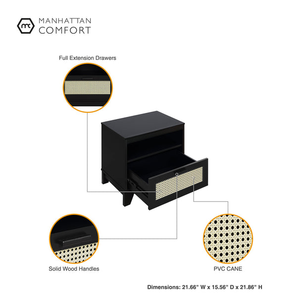 English Elm Sheridan 22" Nightstand with Cane-Style MDF Finish, Full-Extension Drawer, Solid Wood Legs Black B365P398186