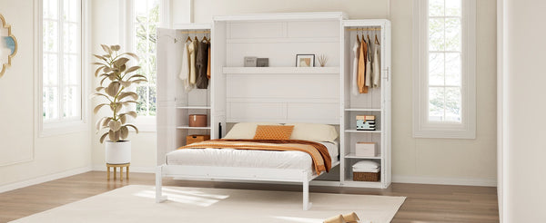 English Elm Full Size Murphy Bed with Dual Wardrobes Pine Mdf Frame for Guest or Bedroom N733S339778K