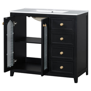 English Elm 36-inch ceramic basin vanity with patterned glass doors, gold round handles & ample storage drawers Black N729P184710B