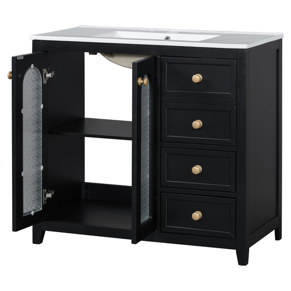 English Elm 36-inch ceramic basin vanity with patterned glass doors, gold round handles & ample storage drawers Black N729P184710B