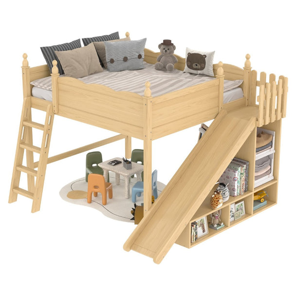 English Elm Queen Loft Bed With Detachable Slide, Storage Shelves & Cabinet - Solid Wood For Fun & Space Savvy! W1580S00250-GIGA
