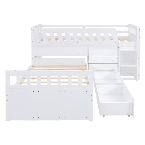 English Elm L-shaped Twin Loft Platform Bed with 7 Drawers Full Guardrails Kids White Pine LT000853AAK