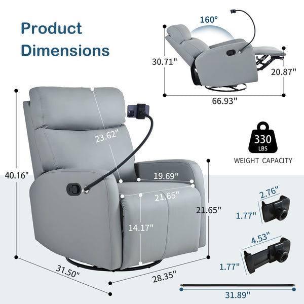 English Elm Swivel 360° Rocker Recliner Chair with Glider, 95-160° Manual Recline, 30° Rocking, Nursery Seat (Blue-Gray) W1028P251470