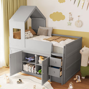 English Elm Twin House Loft Bed with Pull Out Rolling Desk Stair Drawers and Cabinet Storage Gray N820S00072E
