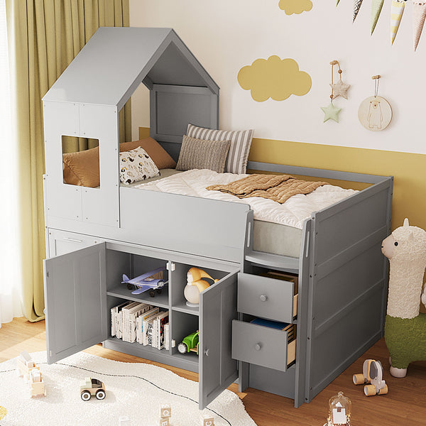 English Elm Twin House Loft Bed with Pull Out Rolling Desk Stair Drawers and Cabinet Storage Gray N820S00072E