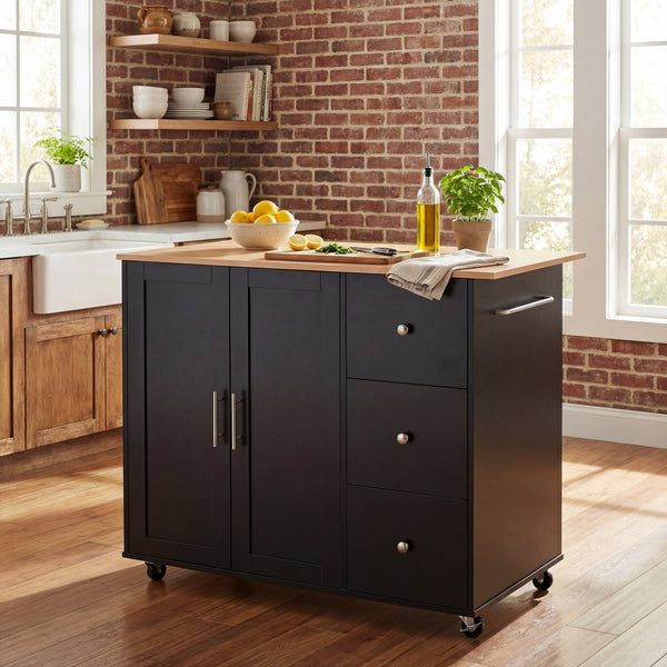 English Elm Mobile Rolling Kitchen Island with 3 Drawers Matte Black Cabinet and Natural Wood Top N779P373196B