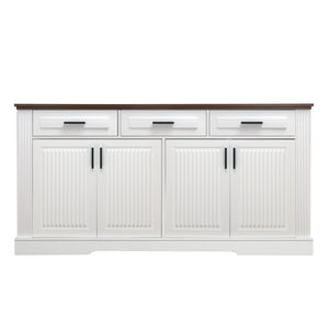 English Elm 63" Fluted Sideboard Buffet Cabinet with Coffee Bar Storage, 4 Doors 3 Drawers, Smooth Silent Slides White W2917P319113