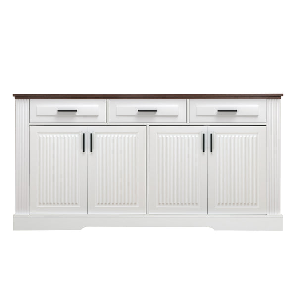 English Elm 63" Fluted Sideboard Buffet Cabinet with Coffee Bar Storage, 4 Doors 3 Drawers, Smooth Silent Slides White W2917P319113