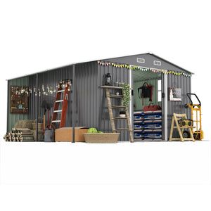 English Elm 10x12 Ft Galvanized Steel Outdoor Shed Dual Zone Lockable Sliding Doors Backyard Storage Dark Gray W1598S00034