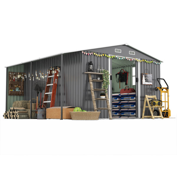English Elm 10x12 Ft Galvanized Steel Outdoor Shed Dual Zone Lockable Sliding Doors Backyard Storage Dark Gray W1598S00034