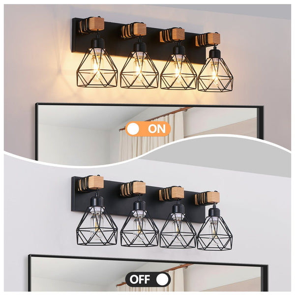 English Elm 24" Modern Geometric 4-Light Vanity Light Fixture With Black Metal & Wood Accents For Any Space W2312P374931