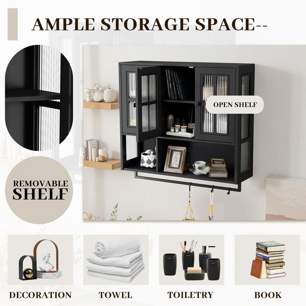 English Elm Bathroom Wall Cabinet with 3 Doors and Glass Panel, MDF Storage Cabinet with Towel Bar, Modern 35.6"L x 10.2"W x 32.5"H Black W757P329724