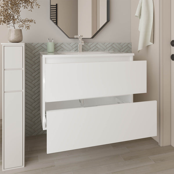 English Elm Bathroom Vanity Modern 2-Drawer White - Compact Engineered Wood Cabinet with Sleek Minimalist Storage Appeal B097P369438