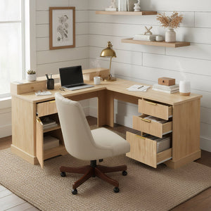 English Elm 59" Fluted Oak L-shaped Corner Desk with Charging Station Monitor Stand and File Storage Light Oak W2917S00005