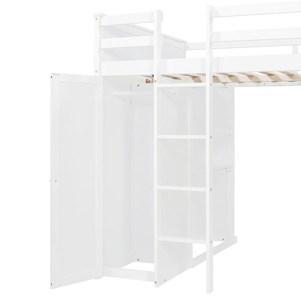 English Elm Full Twin Loft Bed with Desk Wardrobe Shelves Pine Wood Frame Kids Bedroom White LT000821AAK-1