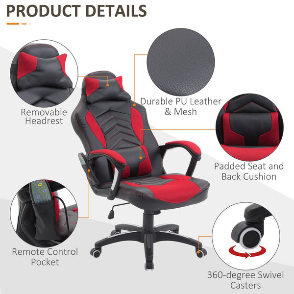 English Elm Homcom Racing Style Gaming Chair With 6-Point Massage, Heated Support, Adjustable Height & Recline W2225P217485