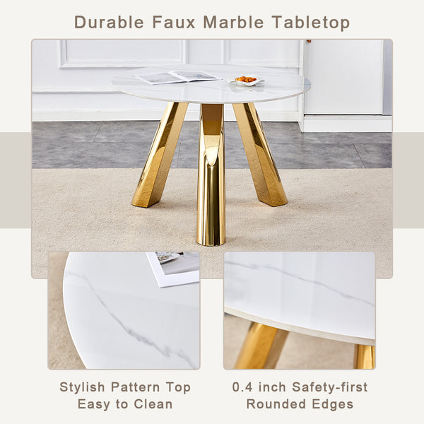 English Elm A 42-inch round dining set with stone top table and gold-plated stainless legs plus four PU chairs Gold 31 L x 19.5 W x 17.5 H W1512S00133