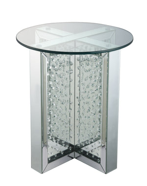 English Elm Nysa Glam Round End Table with Crystal Inlays Mirrored Pedestal and Tempered Glass Top B2726P446707