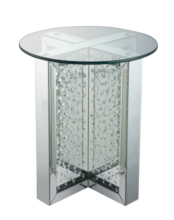 English Elm Nysa Glam Round End Table with Crystal Inlays Mirrored Pedestal and Tempered Glass Top B2726P446707