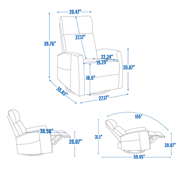 English Elm Heat Massage Rocker Swivel Recliner Fabric Chair with Lumbar Therapy for Living Room Antique Blue Green W1803P362302