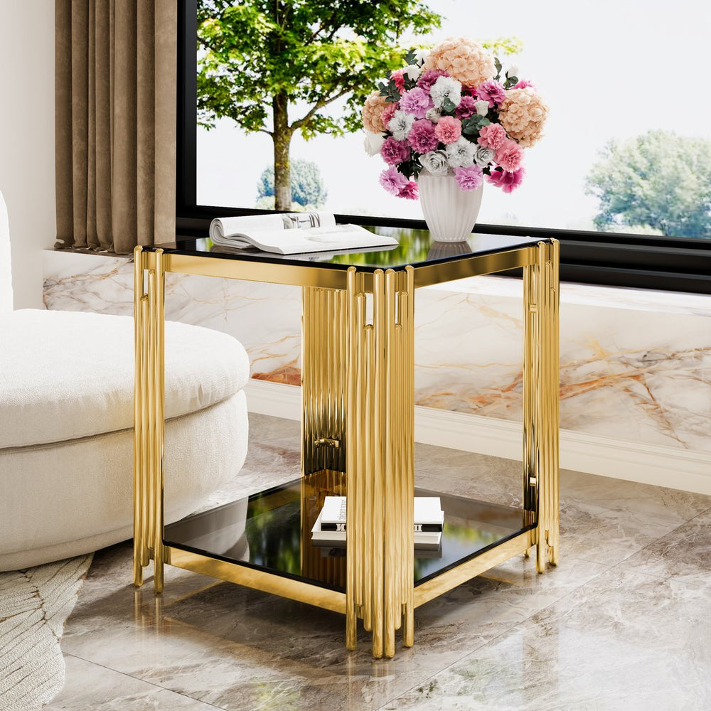 English Elm Modern Round Mirrored Glass End Table with Gold Metal Frame and Lower Display Shelf Black N735P380093B