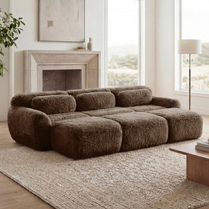 English Elm 3-seater Curved Modular Sectional Plush Upholstered Sofa with Linkable Ottoman for Living Rooms Chocolate W714S01543