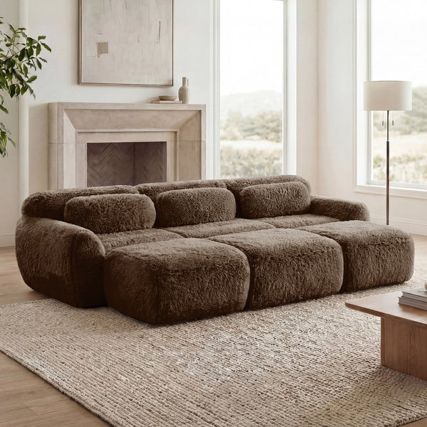 English Elm 3-seater Curved Modular Sectional Plush Upholstered Sofa with Linkable Ottoman for Living Rooms Chocolate W714S01543