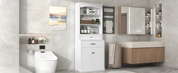 English Elm White Bathroom Storage Cabinet with Zinc Alloy Knobs, Adjustable Shelves, Smooth Drawers & Open Shelves for Organized, Durable MDF Storage (78.7" H) N725P252486K