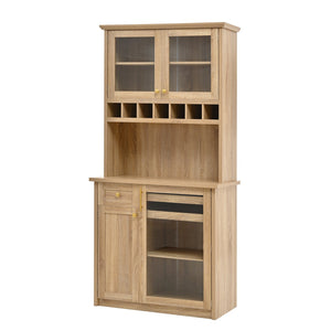English Elm Topmax Farmhouse Buffet Hutch with Wine Rack Shaker Glass Pantry Cabinet N717P327043N
