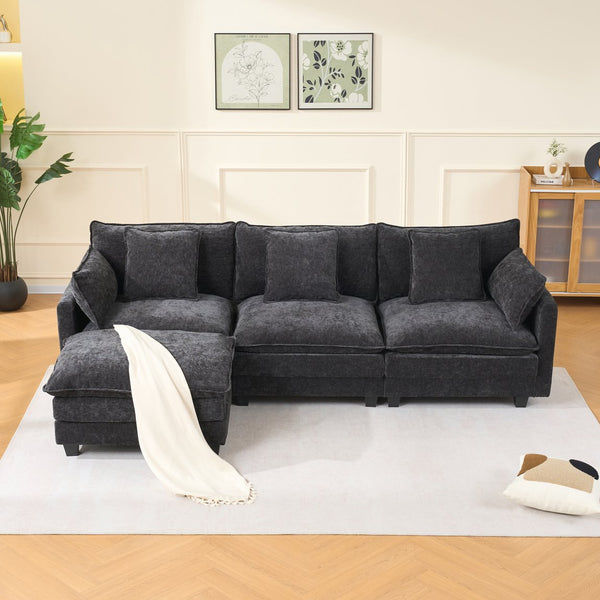 English Elm Beige Chenille Sectional Sofa with Modular Ottoman for Living Room or Studio Black W2603S00006