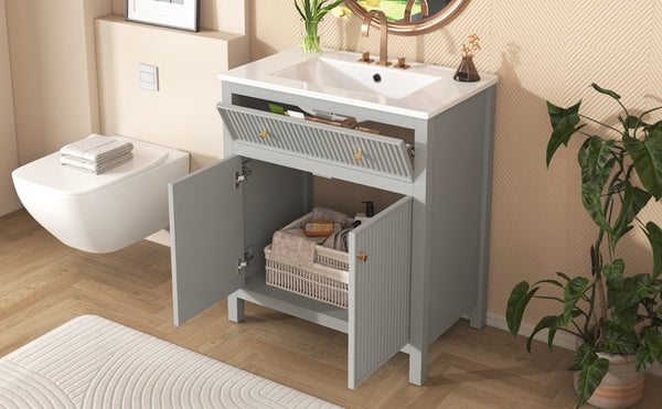 English Elm 30'' Modern Bathroom Vanity Set With Ceramic Sink, Soft-Close Doors, Grey Finish, Ample Storage Options N710P228367E
