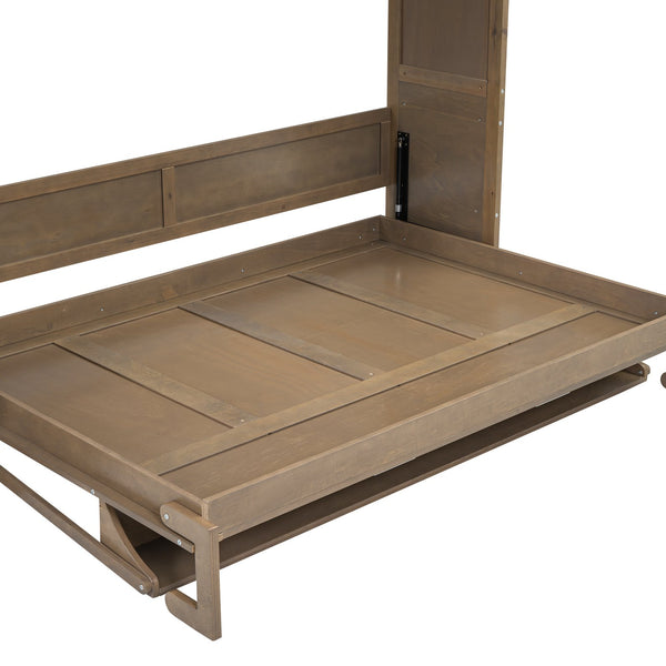 English Elm Full Full Size Murphy Bed with Wardrobe, Drawers & Open Shelves in Antique Wood—Space Saving Solution GX000388AAE