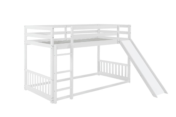 English Elm Twin Over Twin Floor Bunk Bed With Slide & Ladder - Solid Pine Wood, White Finish, Safe & Fun Design! W504S00190-GIGA