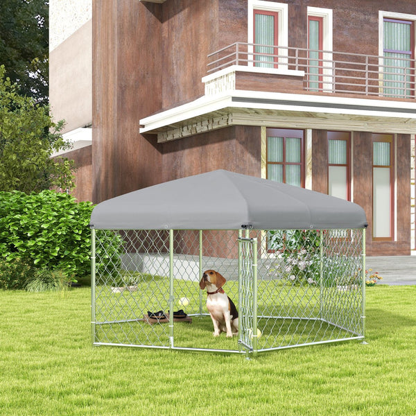 English Elm Pawhut Galvanized Steel Outdoor Dog Run with Uv Roof Lockable Gate for Large Dogs W2225P200785