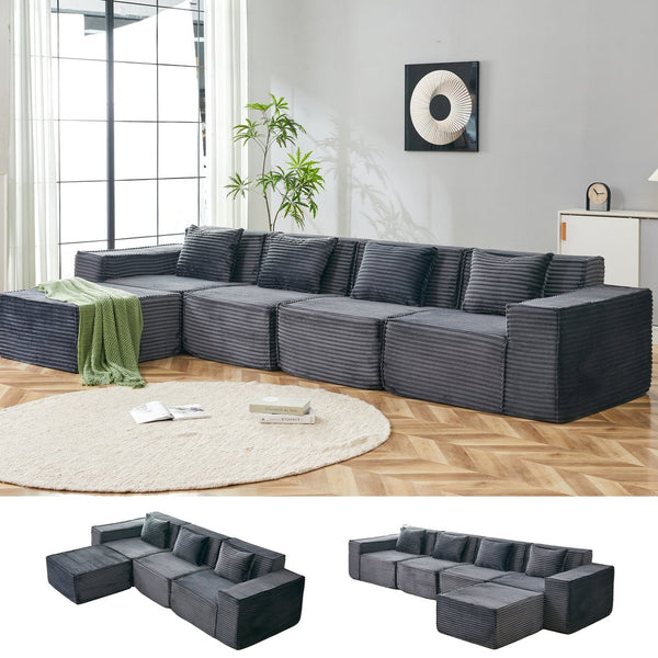 English Elm L-shaped Modular Sectional with Ottoman Corduroy Upholstery Four Seat Living Room Sofa Dark Gray W2699S00092