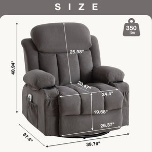 English Elm Swinging Velvet Recliner Chair with Massage Heat Usb Port and 360 Swivel Lounge Seat Grey W1807P298206